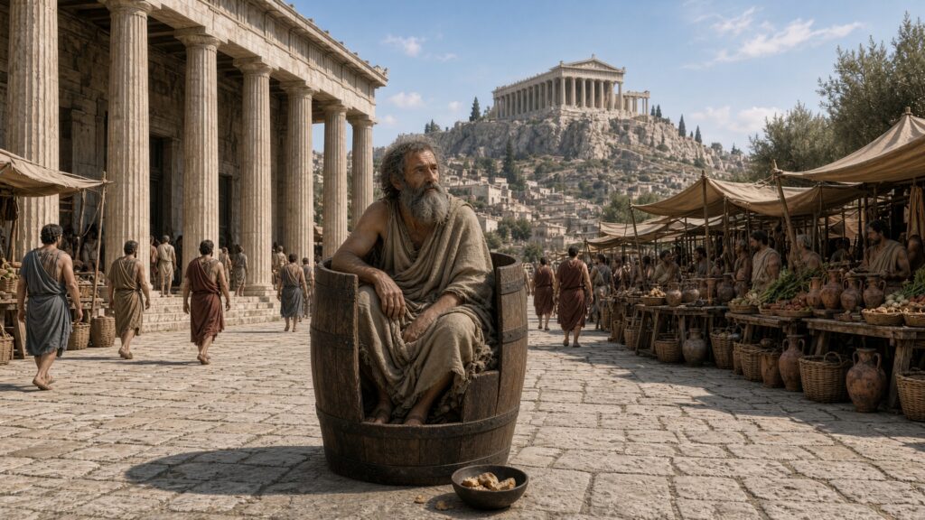 Diogenes van Sinope in een ton op de markt van Athene